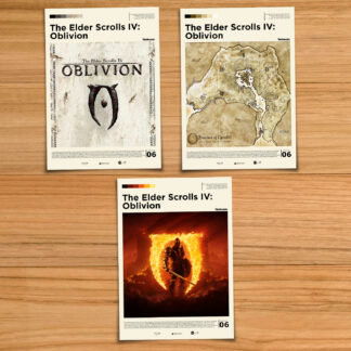 Minimalist, gallery-style Elder Scrolls Oblivion poster set, including logo, map and Remastered style prints on a wood table background