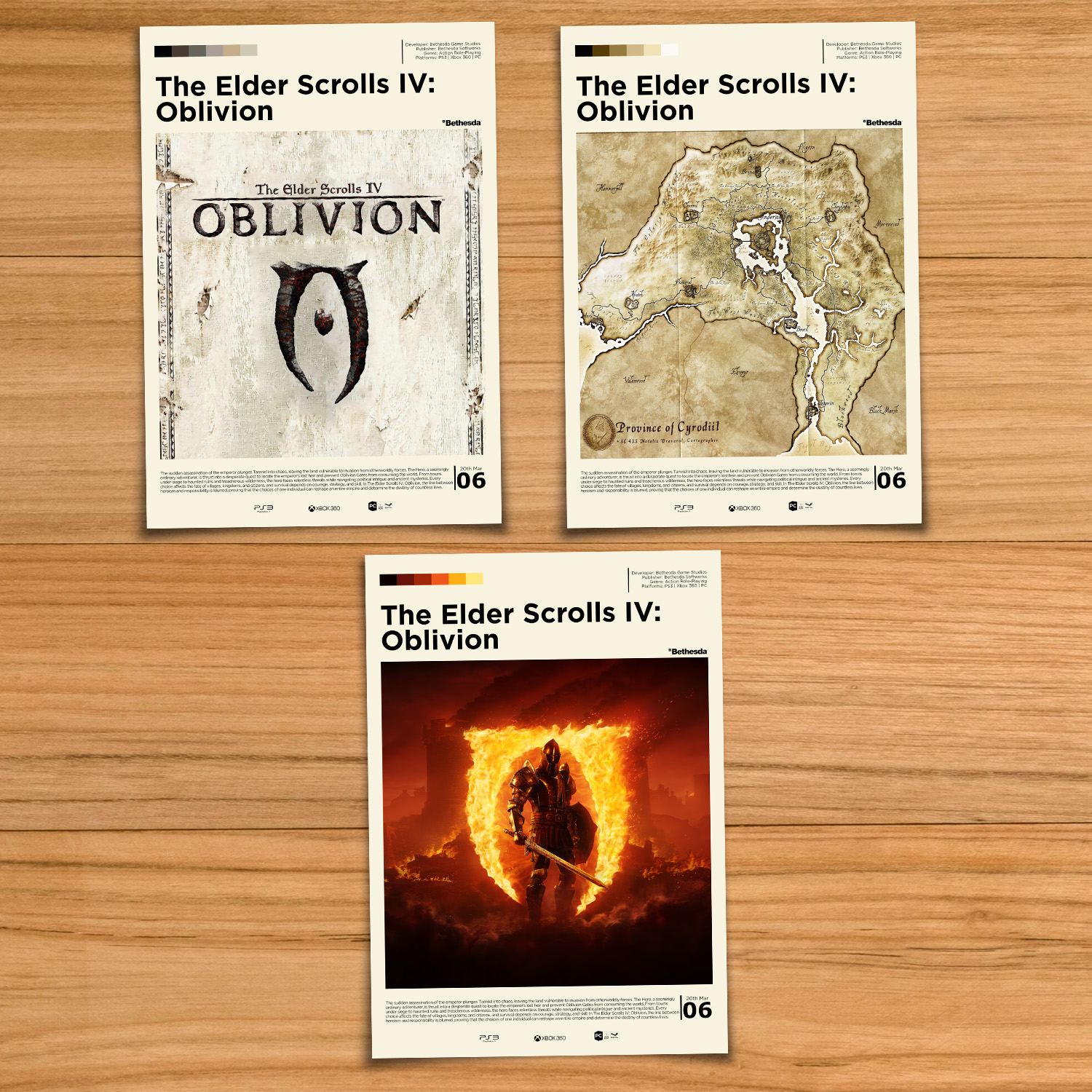 Minimalist, gallery-style Elder Scrolls Oblivion poster set, including logo, map and Remastered style prints on a wood table background