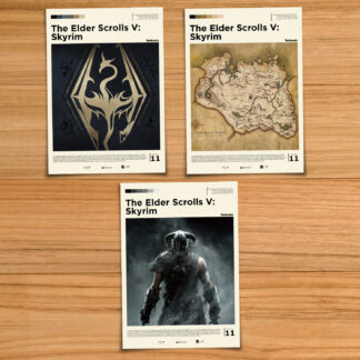 Minimalist, gallery-style Elder Scrolls Skyrim poster set, including logo, map and Dragonborn style prints on a wood table background