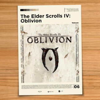 Minimalist, gallery-style Elder Scrolls Oblivion poster on a wood table background