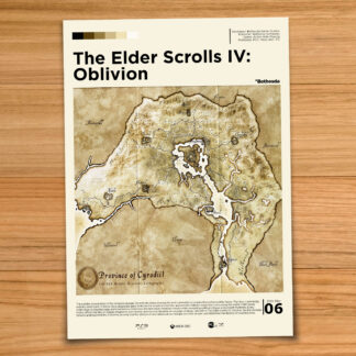 Minimalist, gallery-style Elder Scrolls Oblivion map poster on a wood table background