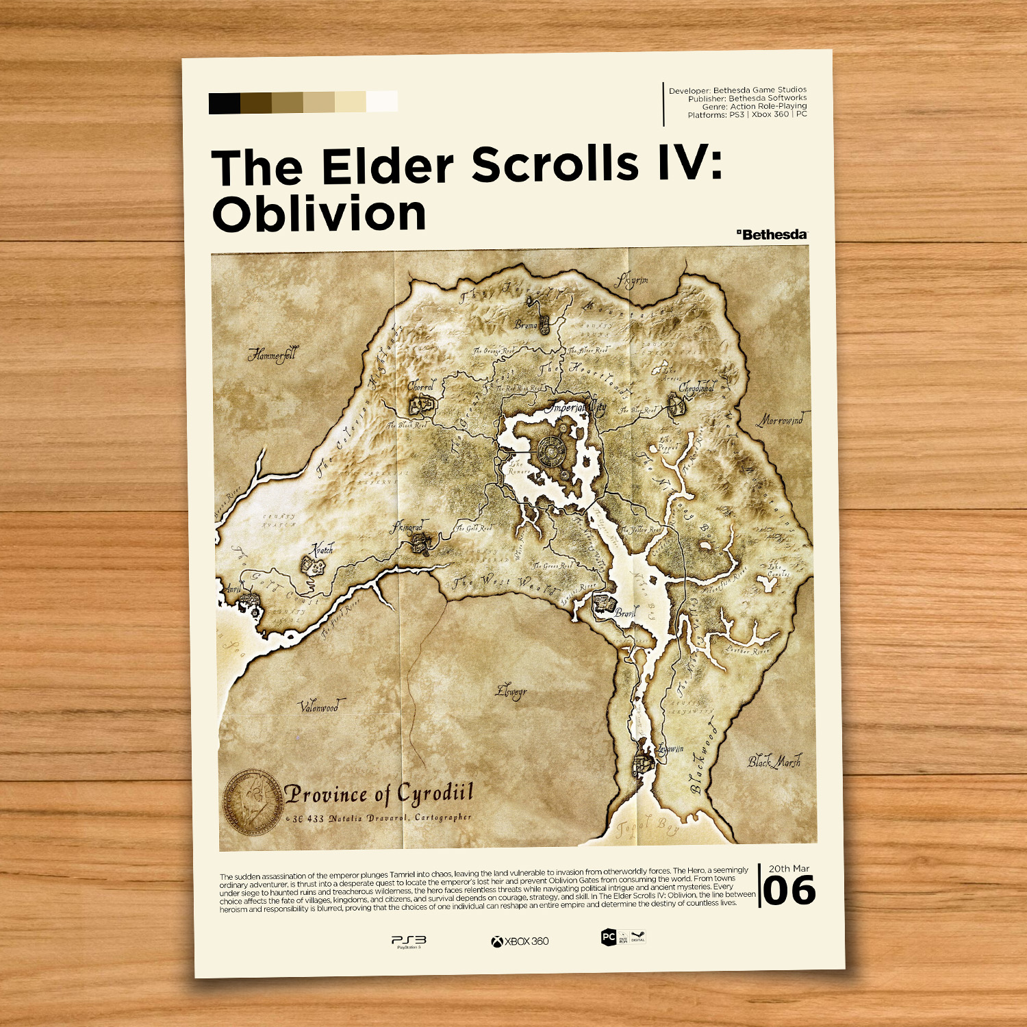 Minimalist, gallery-style Elder Scrolls Oblivion map poster on a wood table background