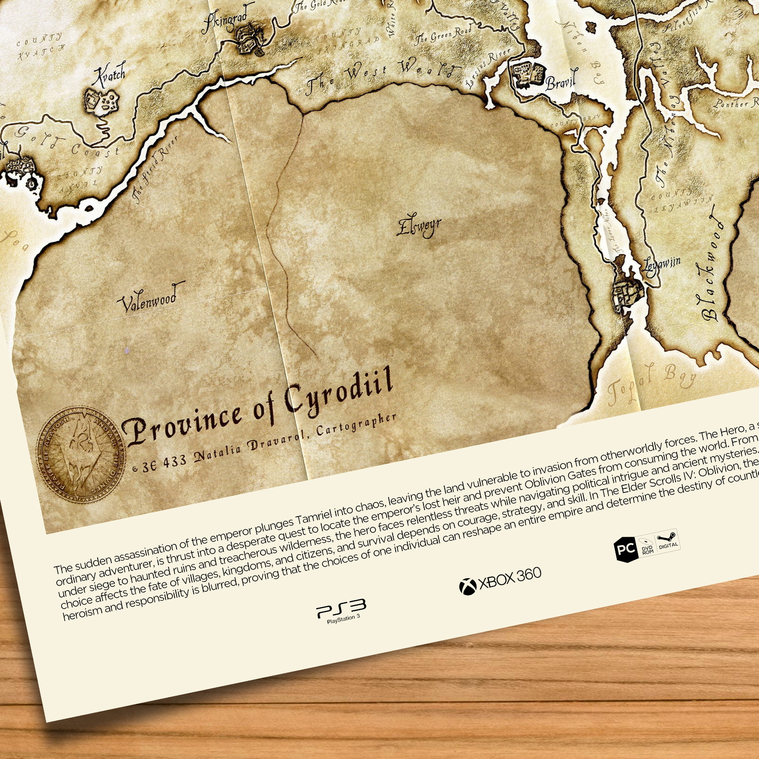 Minimalist, gallery-style Elder Scrolls Oblivion map poster on a wood table background