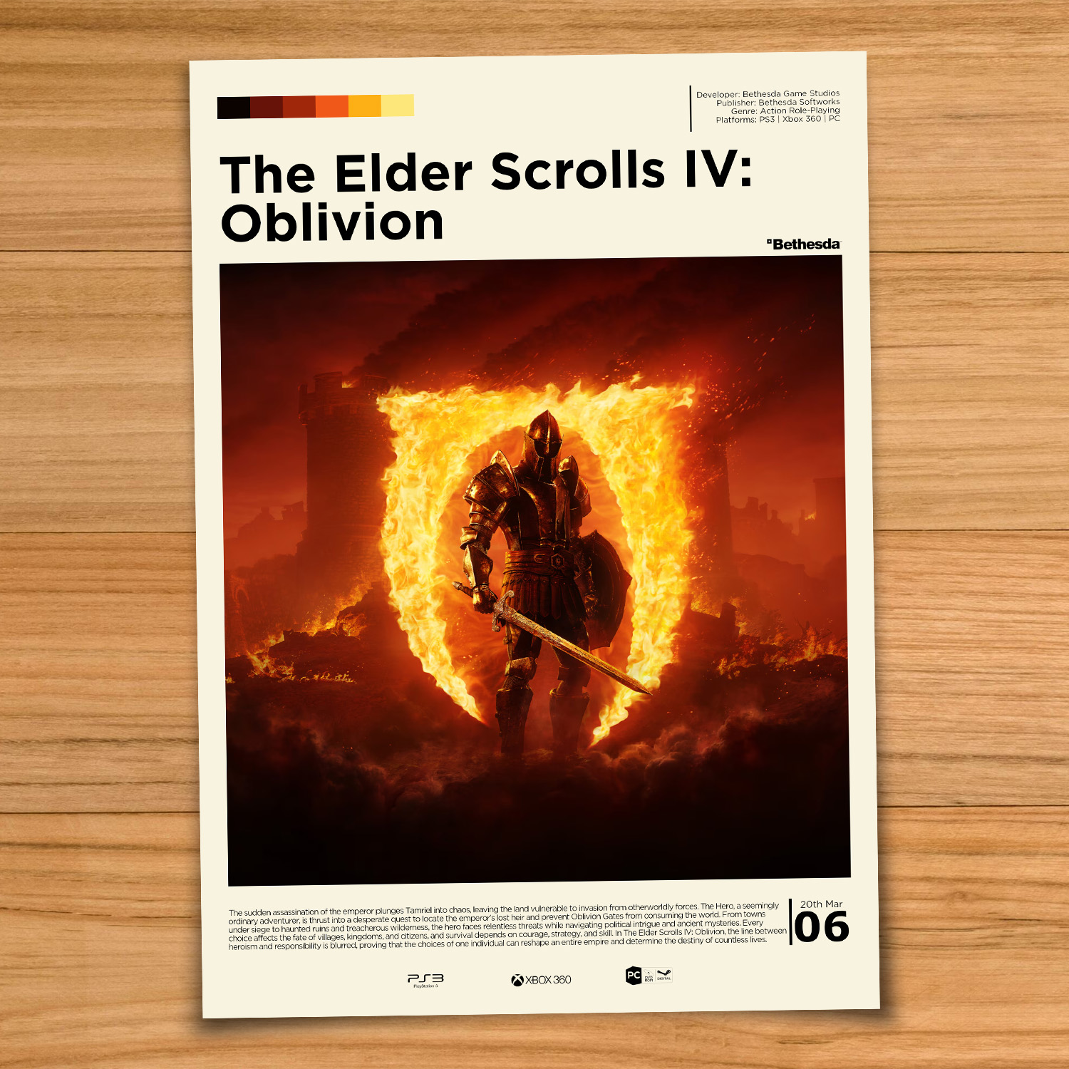 Minimalist, gallery-style Elder Scrolls Oblivion Remastered poster on a wood table background