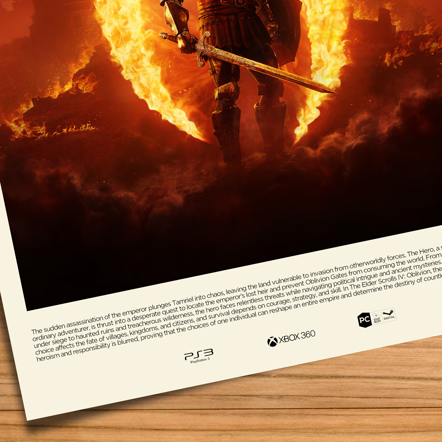 Minimalist, gallery-style Elder Scrolls Oblivion Remastered poster on a wood table background