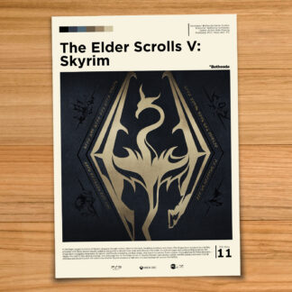 Minimalist, gallery-style Elder Scrolls Skyrim poster on a wood table background