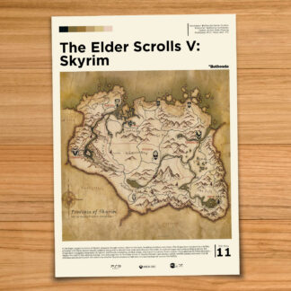 Minimalist, gallery-style Elder Scrolls Skyrim map poster on a wood table background