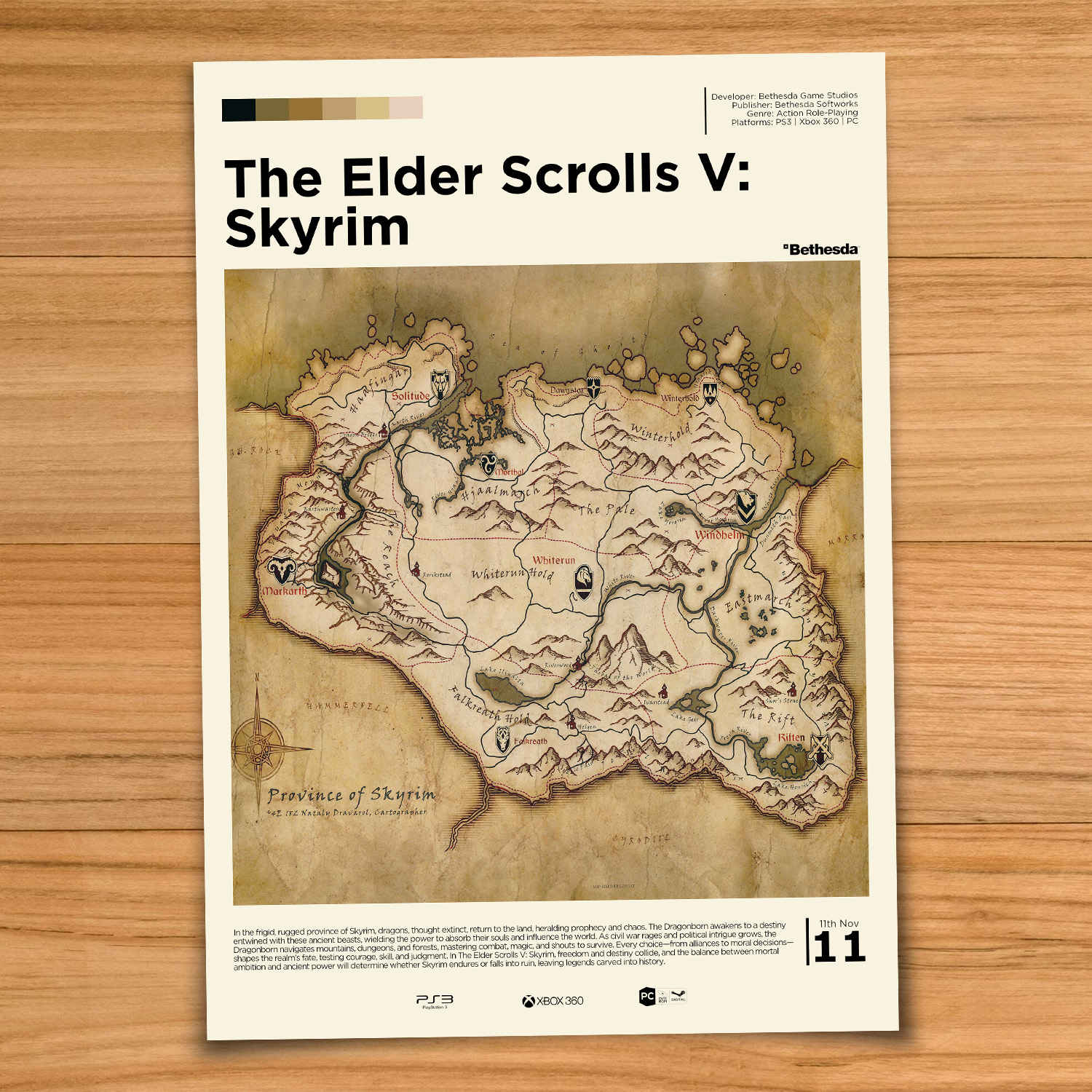 Minimalist, gallery-style Elder Scrolls Skyrim map poster on a wood table background