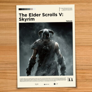 Minimalist, gallery-style Elder Scrolls Skyrim Dragonborn poster on a wood table background