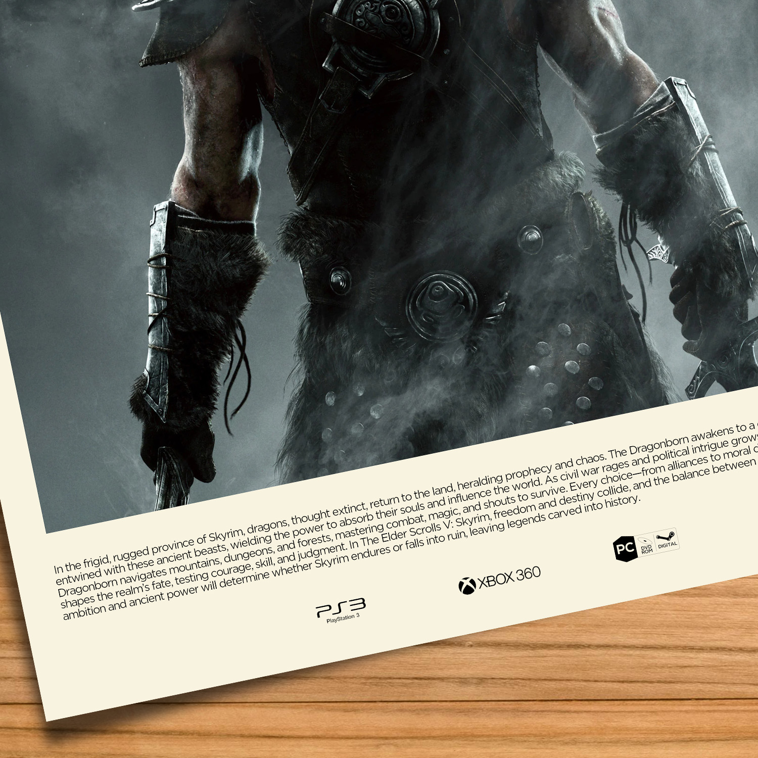 Minimalist, gallery-style Elder Scrolls Skyrim Dragonborn poster on a wood table background
