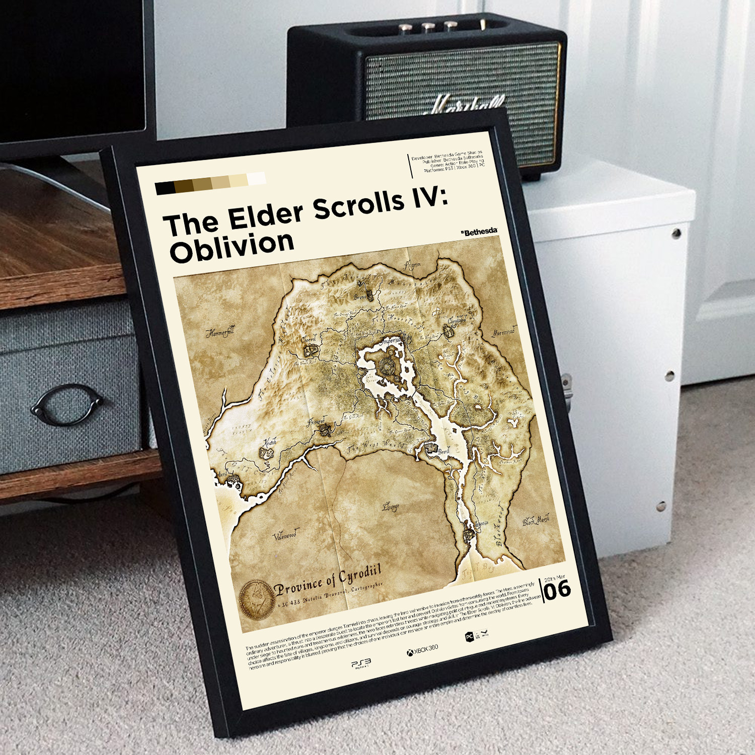 Minimalist, gallery-style Elder Scrolls Oblivion map poster in a black frame leaning against a unit