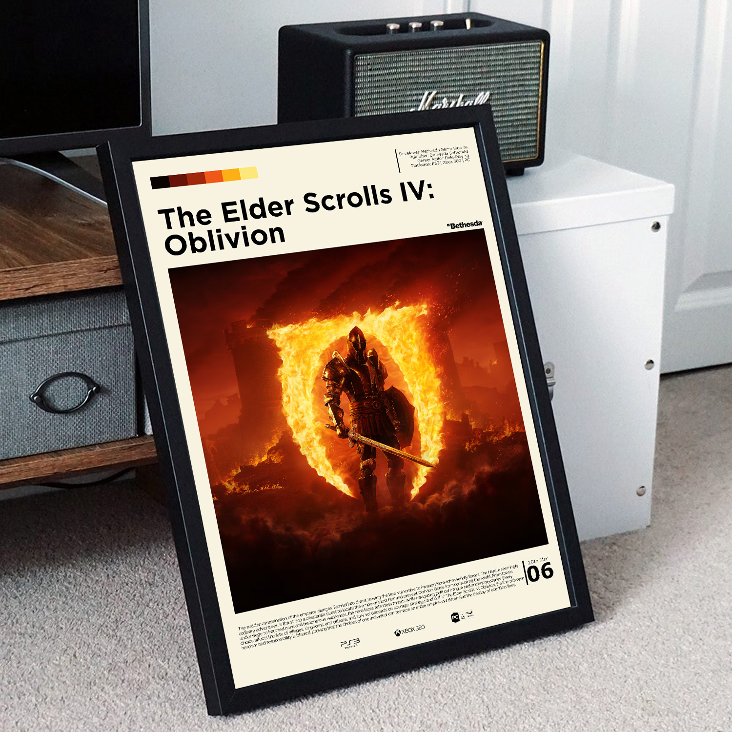 Minimalist, gallery-style Elder Scrolls Oblivion Remastered poster in a black frame leaning against a unit