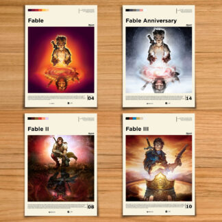 Minimalist, gallery-style Fable poster set, including Fable 1, 2, 3 and Anniversary prints on a wood table background