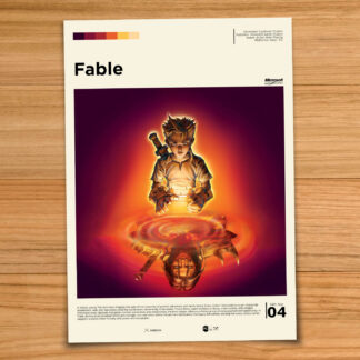 Minimalist, gallery-style Fable poster on a wood table background