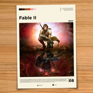 Minimalist, gallery-style Fable II poster on a wood table background