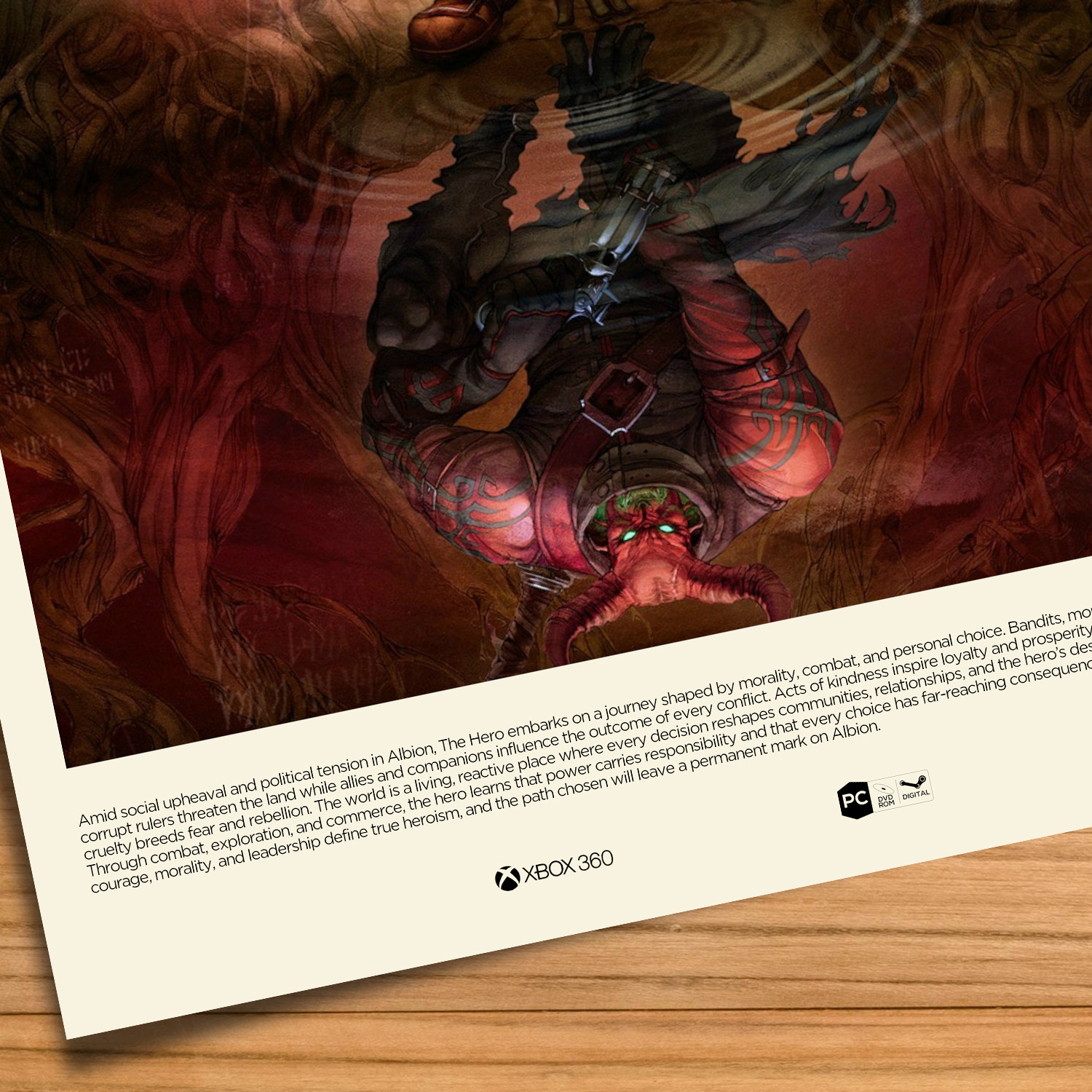 Minimalist, gallery-style Fable II poster on a wood table background