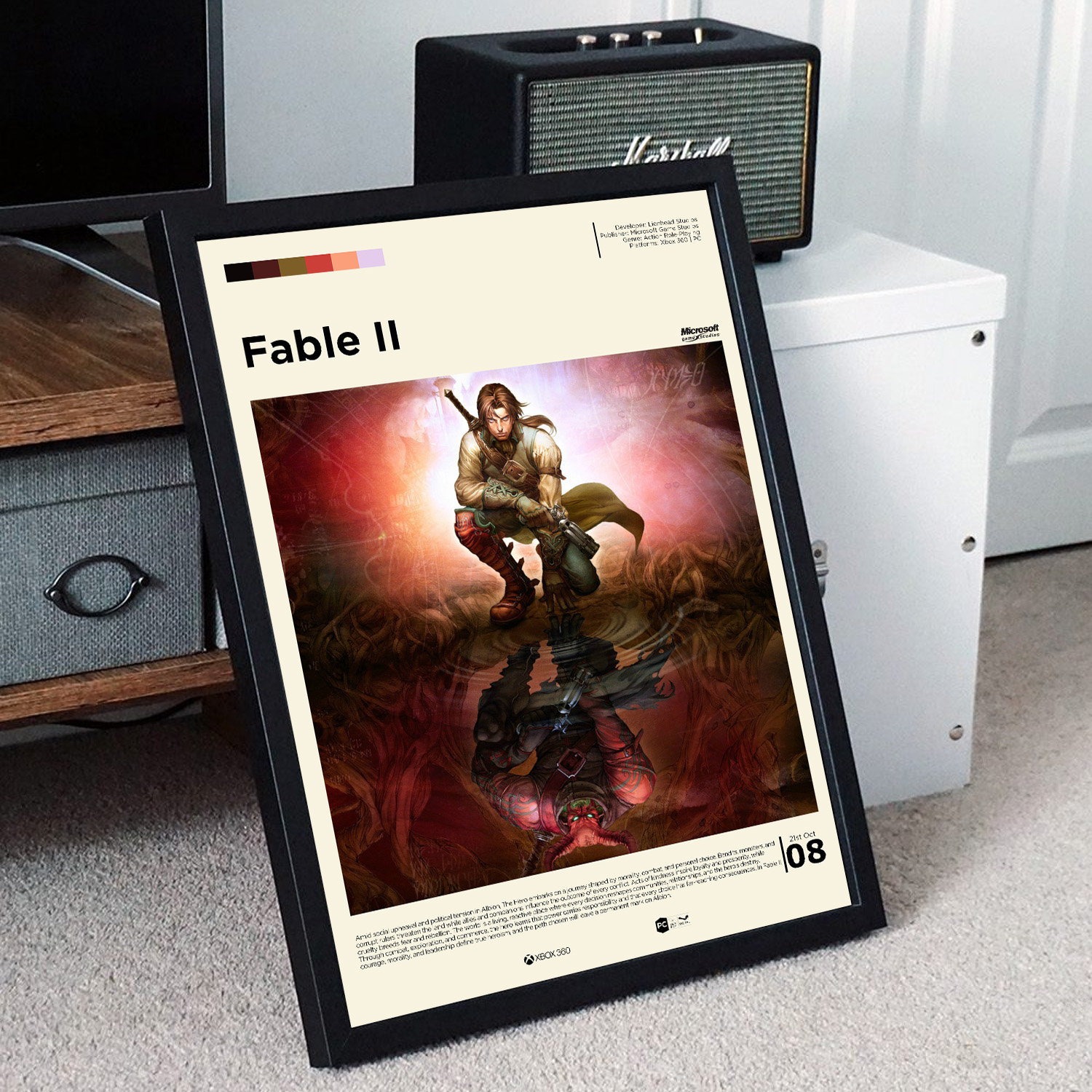 Minimalist, gallery-style Fable II poster in a black frame leaning against a unit
