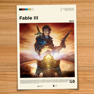 Minimalist, gallery-style Fable III poster on a wood table background