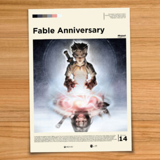 Minimalist, gallery-style Fable Anniversary poster on a wood table background