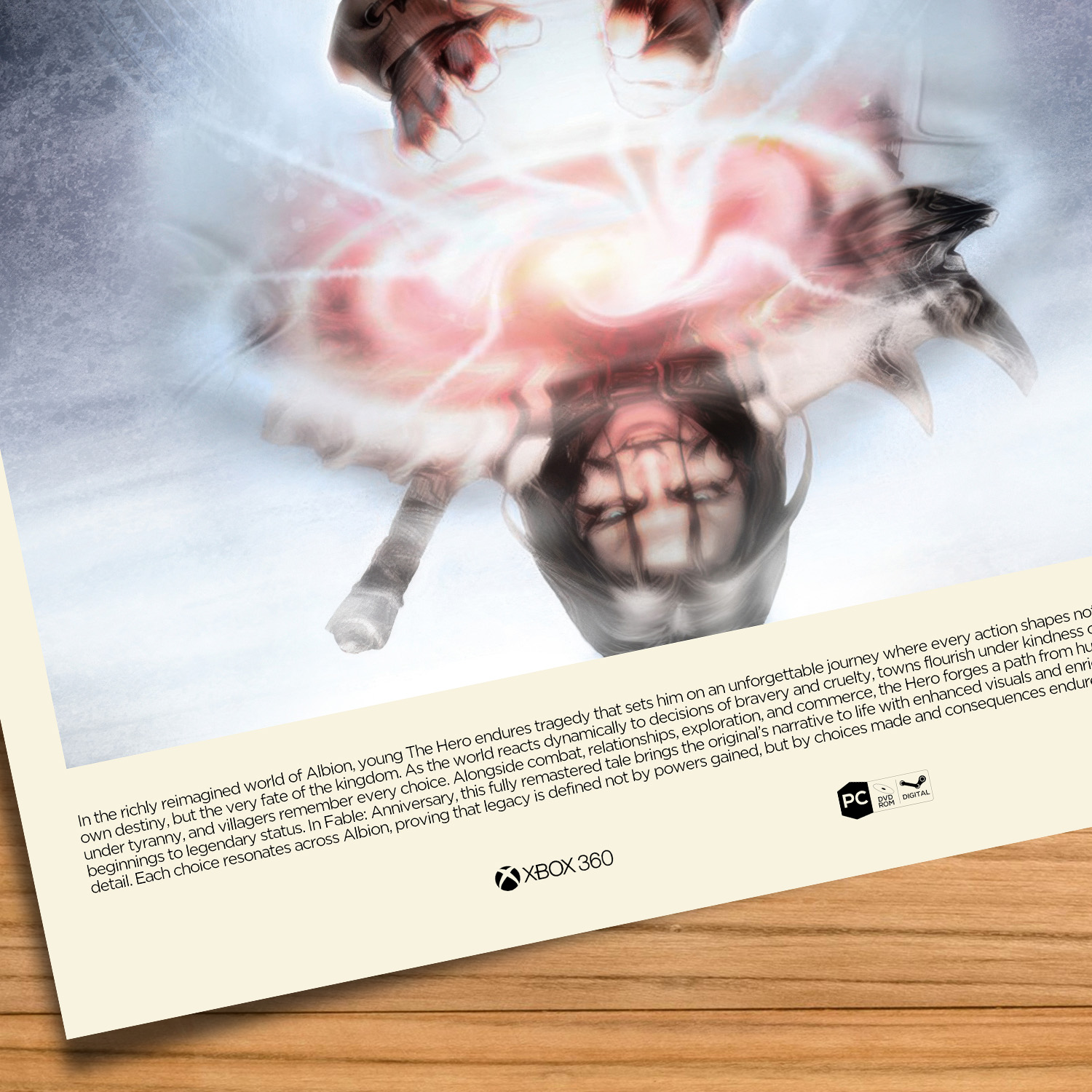 Minimalist, gallery-style Fable Anniversary poster on a wood table background