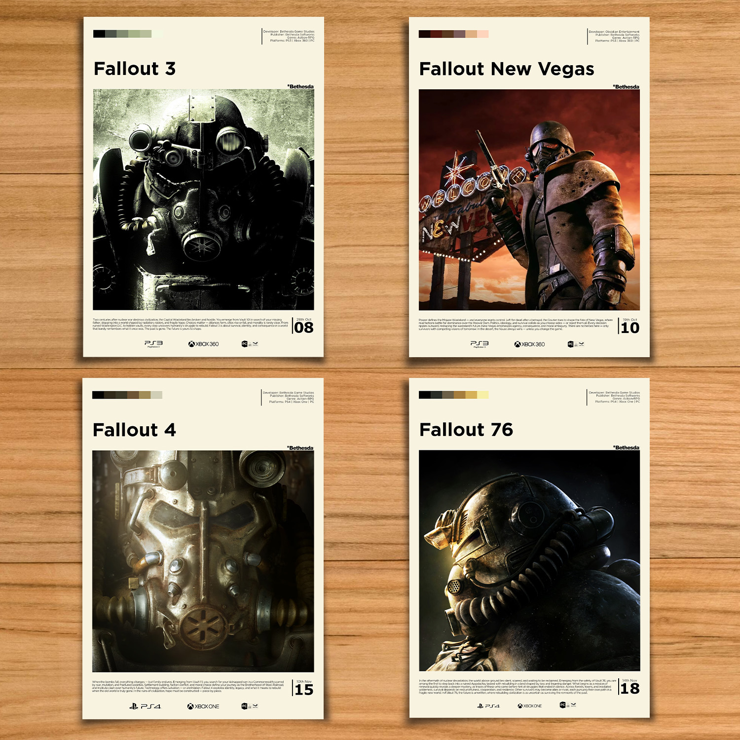 Minimalist, gallery-style Fallout poster set, including Fallout 3, 4, 76 and New Vegas prints on a wood table background