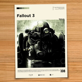 Minimalist, gallery-style Fallout 3 poster on a wood table background