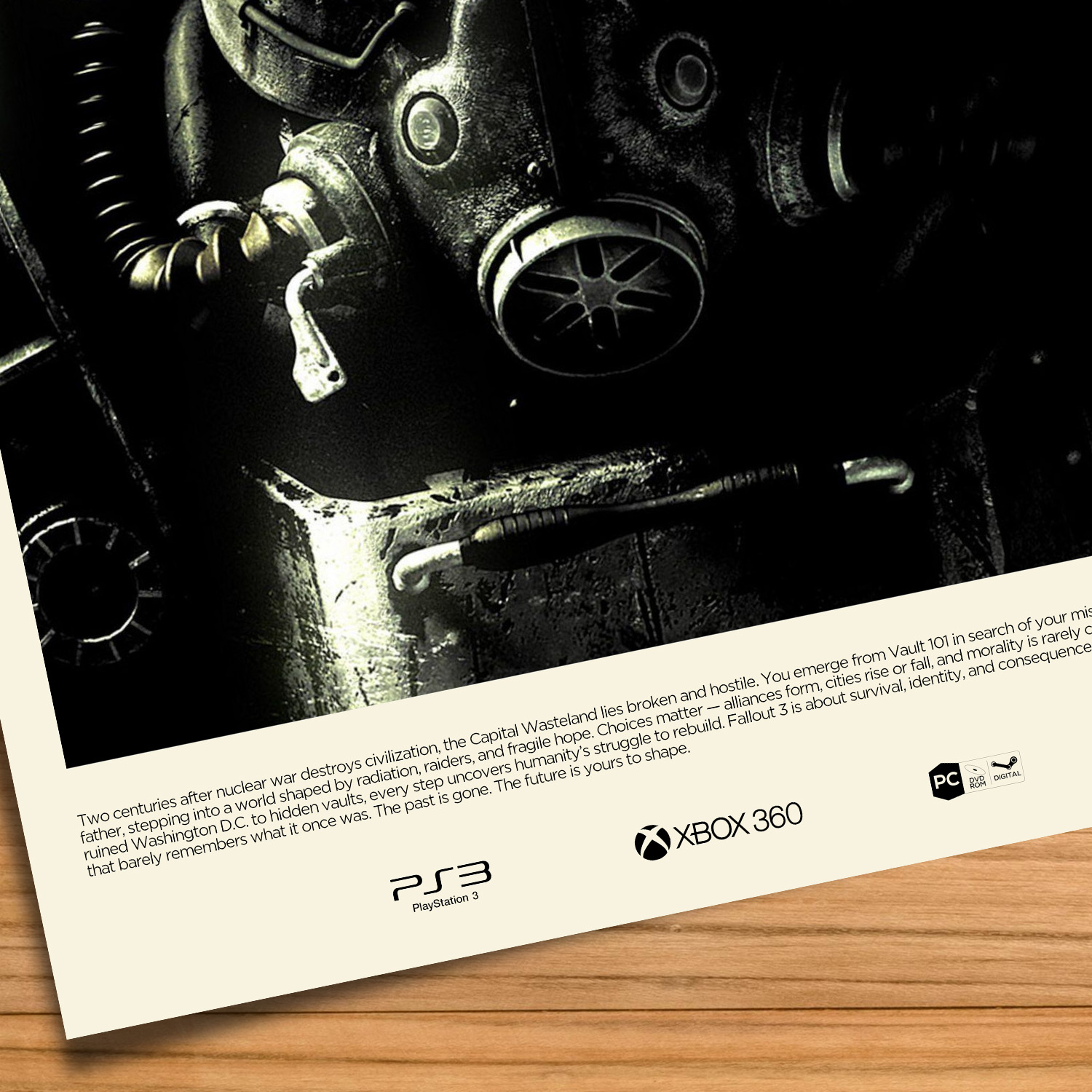 Minimalist, gallery-style Fallout 3 poster on a wood table background