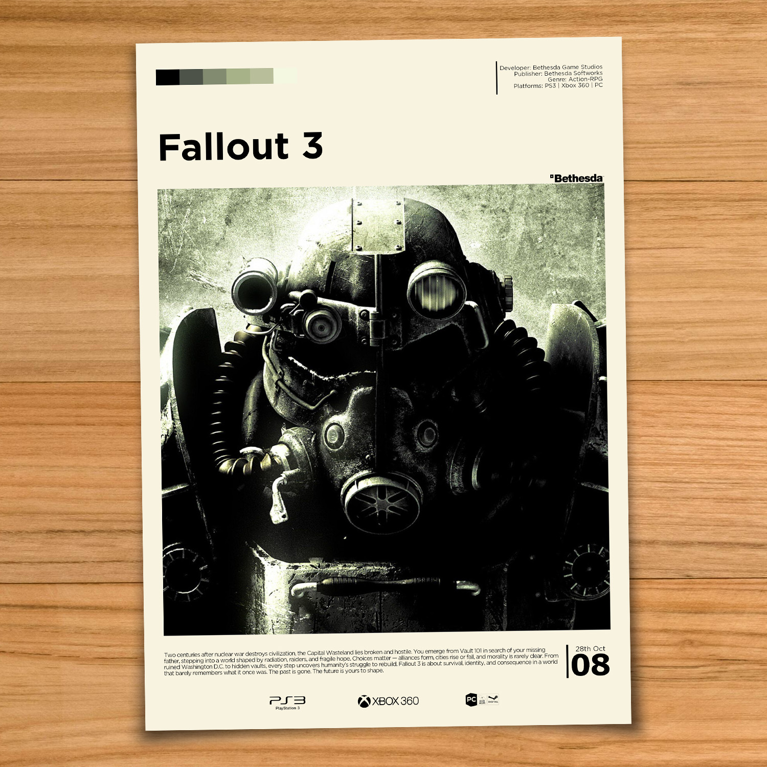 Minimalist, gallery-style Fallout 3 poster on a wood table background