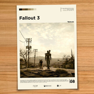 Minimalist, gallery-style Fallout 3 poster on a wood table background