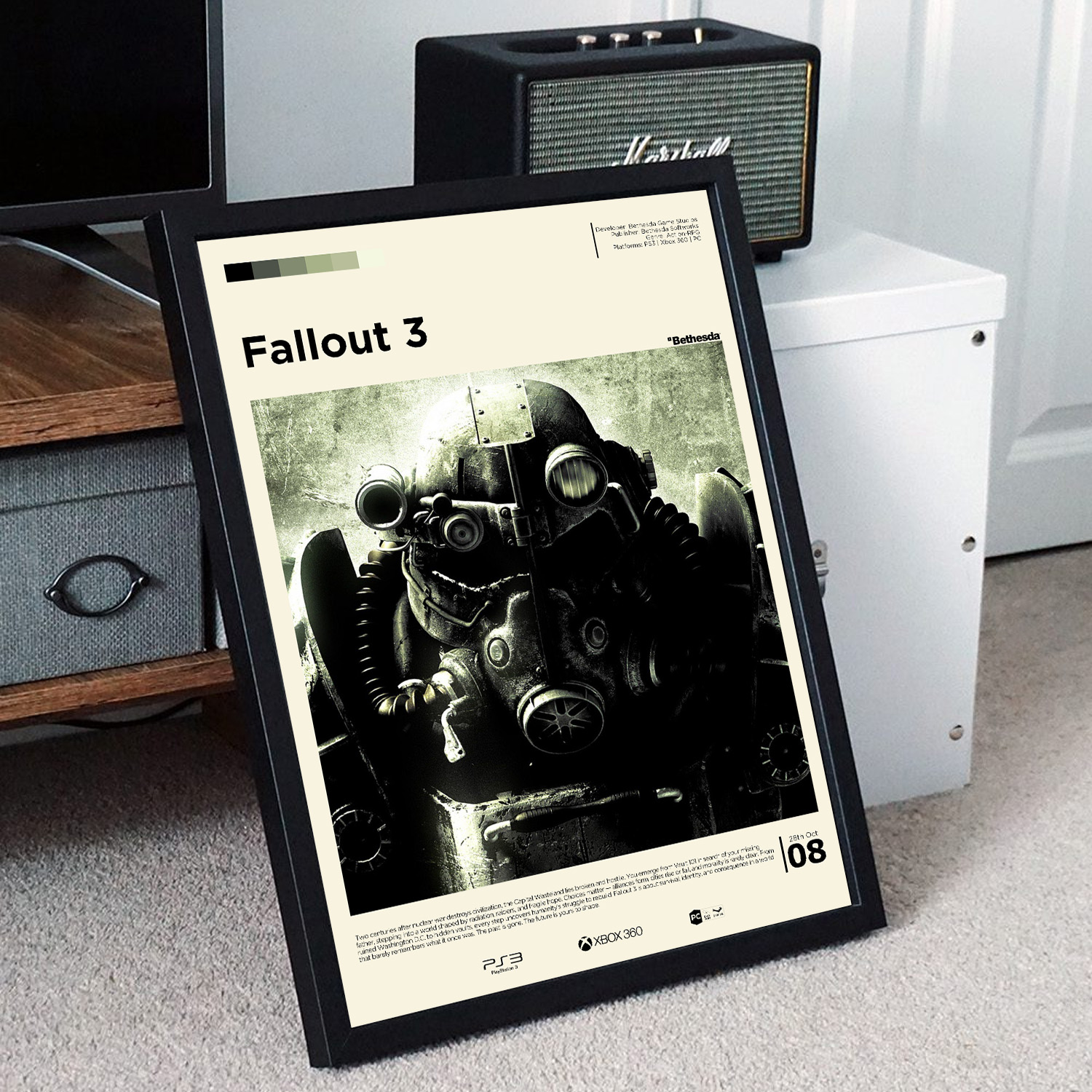 Minimalist, gallery-style Fallout 3 poster in a black frame leaning against a unit