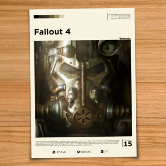 Minimalist, gallery-style Fallout 4 poster on a wood table background