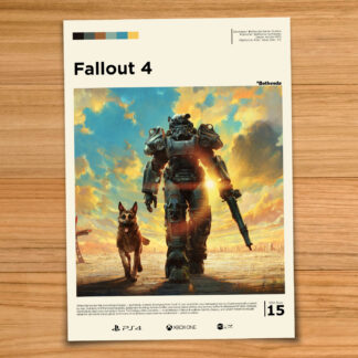 Minimalist, gallery-style Fallout 4 poster on a wood table background