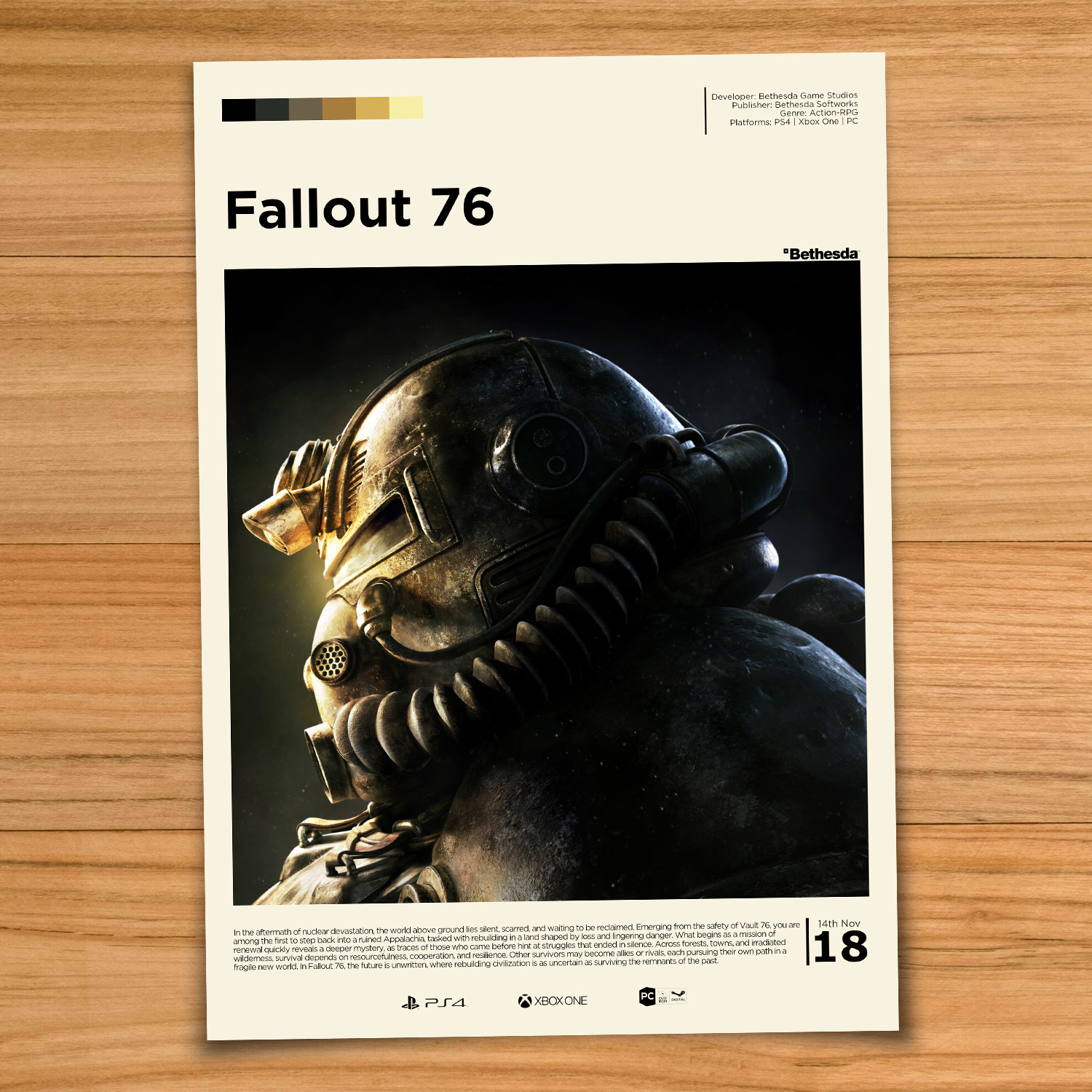 Minimalist, gallery-style Fallout 76 poster on a wood table background