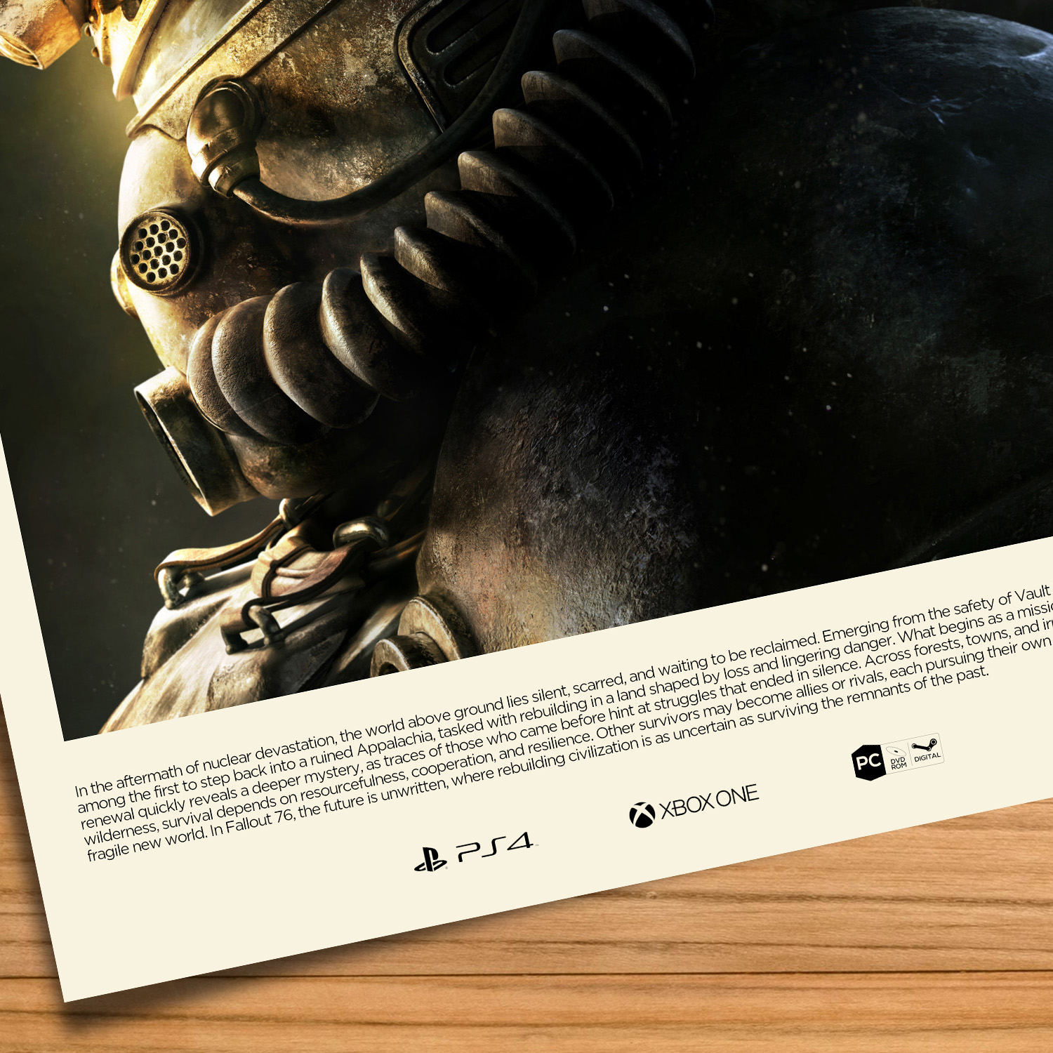 Minimalist, gallery-style Fallout 76 poster on a wood table background