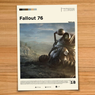 Minimalist, gallery-style Fallout 76 poster on a wood table background