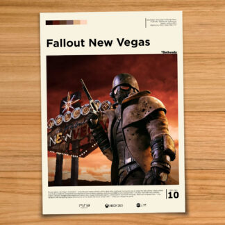 Minimalist, gallery-style Fallout New Vegas poster on a wood table background