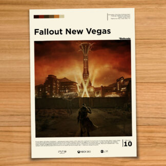 Minimalist, gallery-style Fallout New Vegas poster on a wood table background