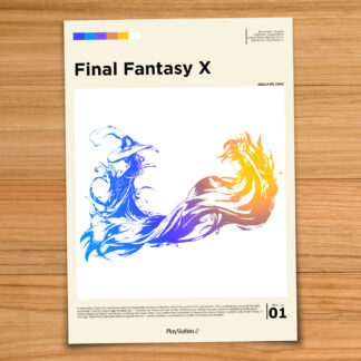 Minimalist, gallery-style Final Fantasy X poster on a wood table background