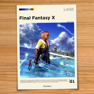 Minimalist, gallery-style Final Fantasy X poster on a wood table background