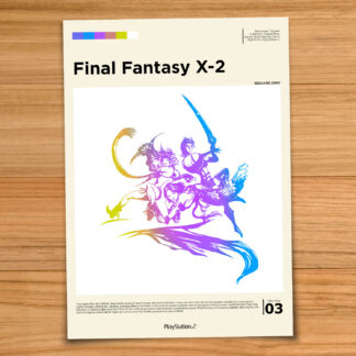 Minimalist, gallery-style Final Fantasy X-2 poster on a wood table background