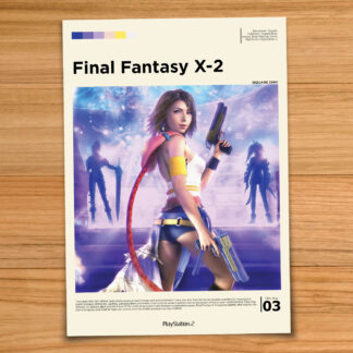 Minimalist, gallery-style Final Fantasy X-2 poster on a wood table background