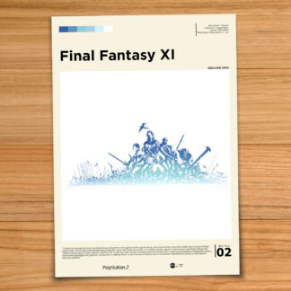 Minimalist, gallery-style Final Fantasy XI poster on a wood table background