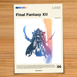 Minimalist, gallery-style Final Fantasy XII poster on a wood table background