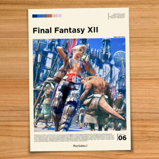 Minimalist, gallery-style Final Fantasy XII poster on a wood table background