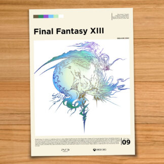 Minimalist, gallery-style Final Fantasy XIII poster on a wood table background