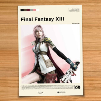 Minimalist, gallery-style Final Fantasy XIII poster on a wood table background