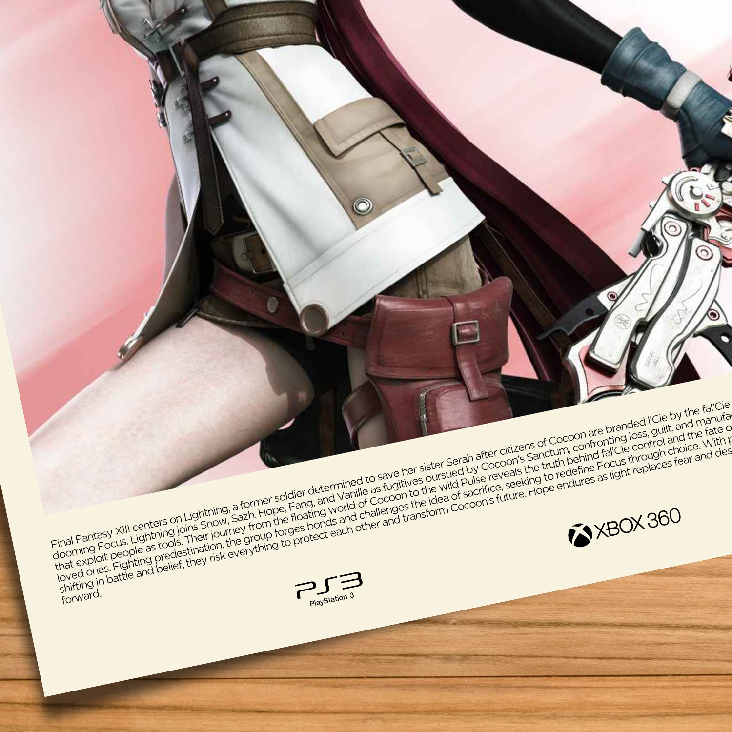 Minimalist, gallery-style Final Fantasy XIII poster on a wood table background