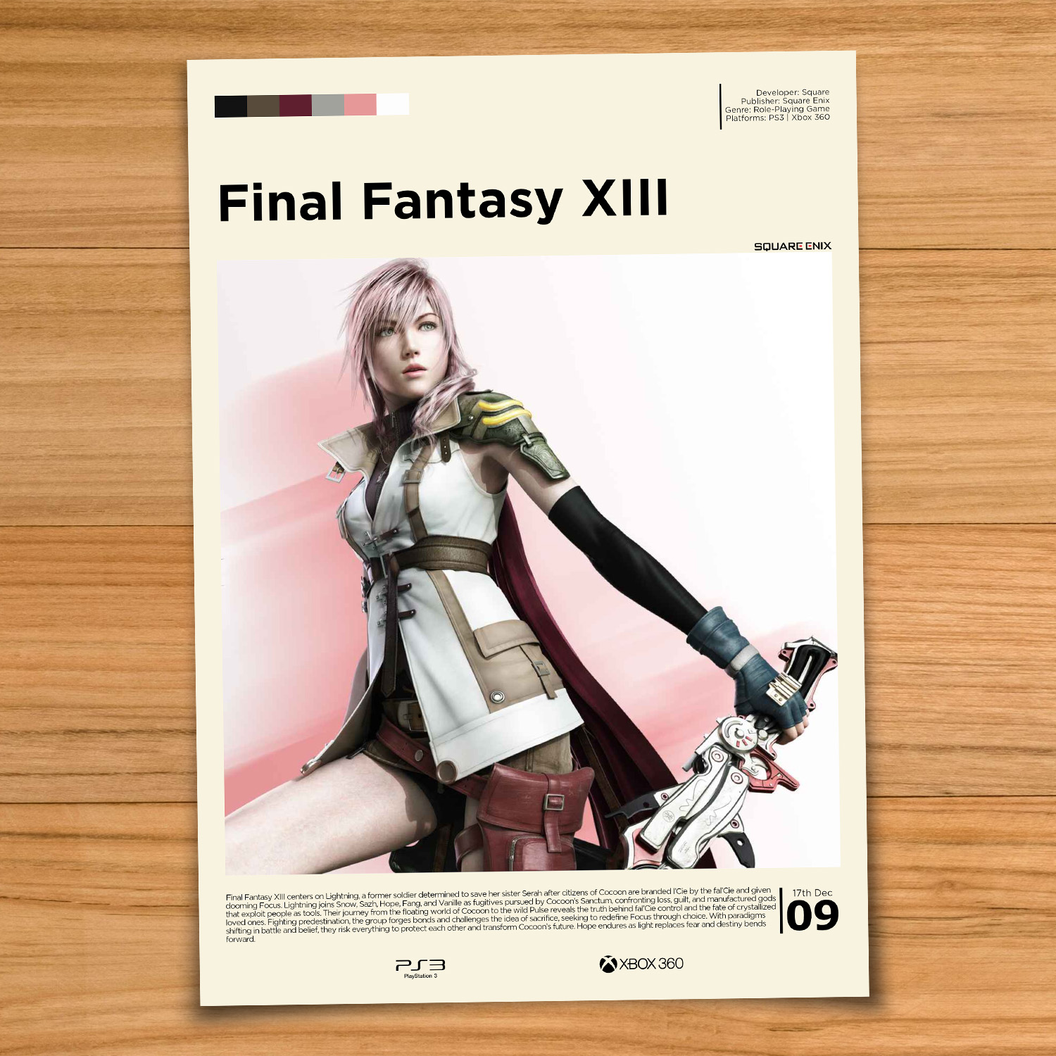 Minimalist, gallery-style Final Fantasy XIII poster on a wood table background
