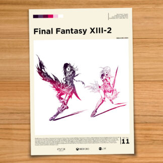 Minimalist, gallery-style Final Fantasy XIII-2 poster on a wood table background