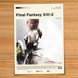 Minimalist, gallery-style Final Fantasy XIII-2 poster on a wood table background